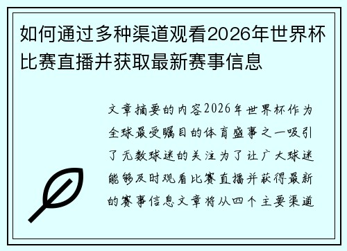 如何通过多种渠道观看2026年世界杯比赛直播并获取最新赛事信息